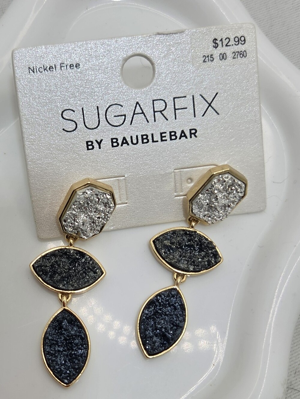 NWT SUGARFIX by BaubleBar Faux Druzy Tiered Drop Earrings Gold Black ✨🖤